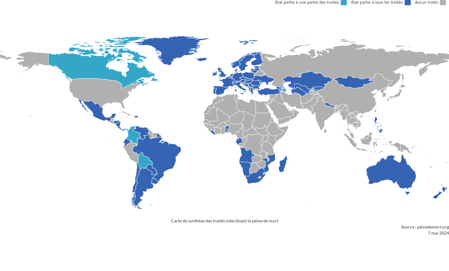 Map of ratifications of International and regional treaties aimed at the abolition of the death penalty