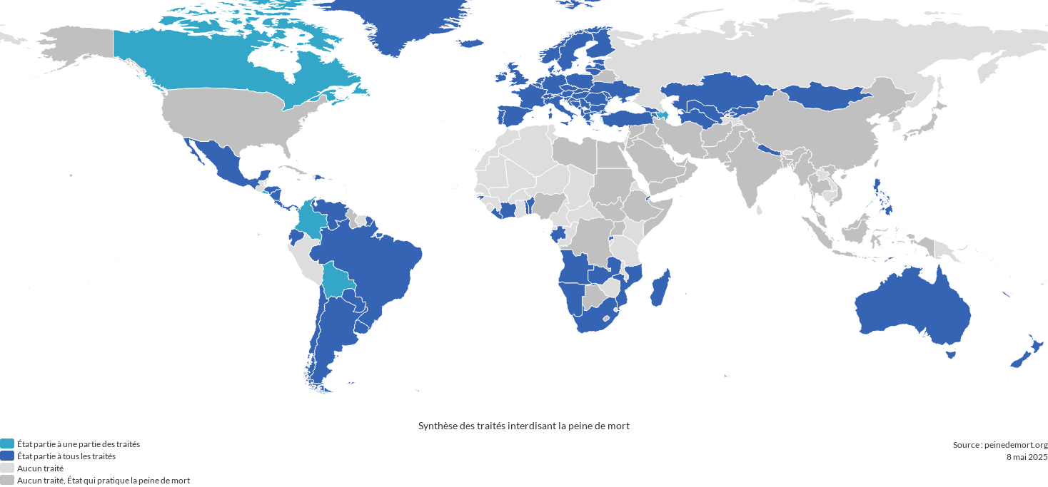 Map of ratifications of International and regional treaties aimed at the abolition of the death penalty